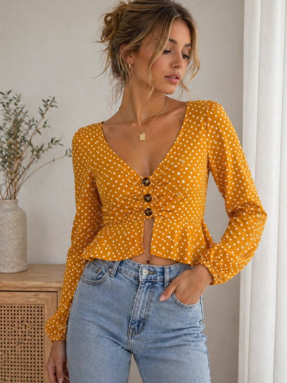 Mustard Yellow Polka Dot Peplum Top | Button Front | Long Sleeve Crop